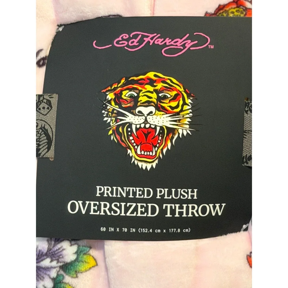 Ed Hardy Printed Plush Oversized Throw Blanket Pink Tattoo Tiger Floral 60x70